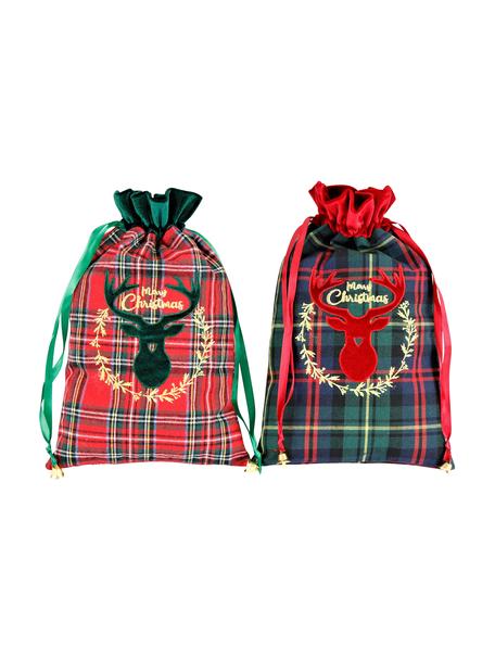 Dárkové taštičky Merry Christmas, V 35 cm, 2 ks, Polyester, bavlna, Zelená, červená, černá, károvaná, Š 22 cm, D 35 cm