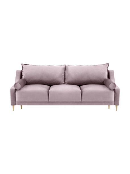 Sofá cama Lea (3 plazas), con espacio de almacenamiento, Tapizado: terciopelo de poliéster A, Patas: metal con pintura en polv, Terciopelo lavanda, patas latón, An 215 x F 94 cm