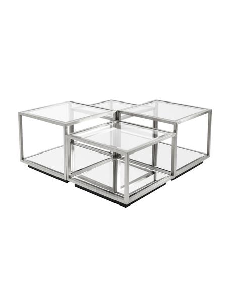 Set 4 tavolini da salotto con piano in vetro a specchio Luigi, Struttura: acciaio inossidabile luci, Sottostruttura: lastra di vetro, Gambe: pannello di fibra a media, Argentato, Set in varie misure