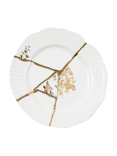 Designový porcelánový snídaňový talíř Kintsugi, Bílá s květinovým motivem a japonským drakem, Ø 21 cm