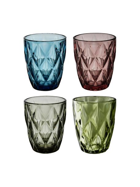 Set 4 bicchieri acqua con motivo in rilievo Colorado, Vetro, Verde, rosa, blu, grigio, Ø 8 x Alt. 10 cm