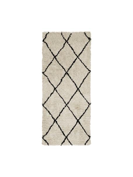 Pluizige hoogpolige loper Naima, handgetuft, Bovenzijde: 100% polyester, Onderzijde: 100% katoen, Beige, zwart, 80 x 200 cm