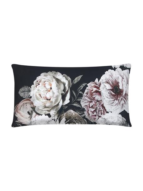 Funda de almohada de satén Blossom, 45 x 85 cm, Negro con estampado floral, An 45 x L 85 cm