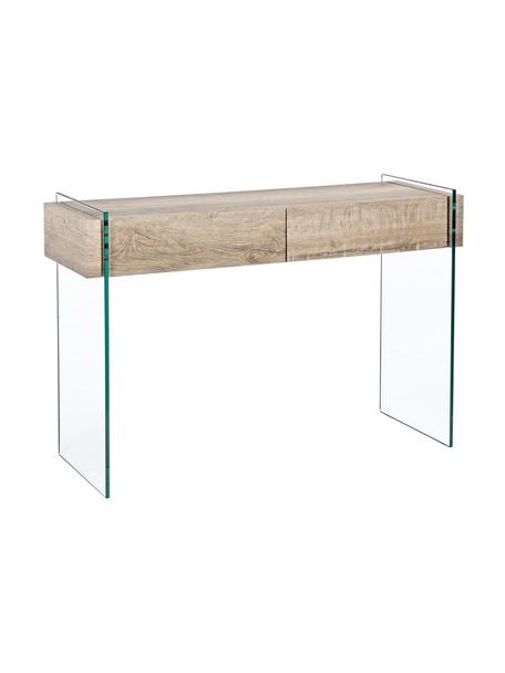Consolle con 2 cassetti e struttura in vetro Kenya, Struttura: vetro temperato (12 mm), Legno, trasparente, Larg. 110 x Alt. 75 cm