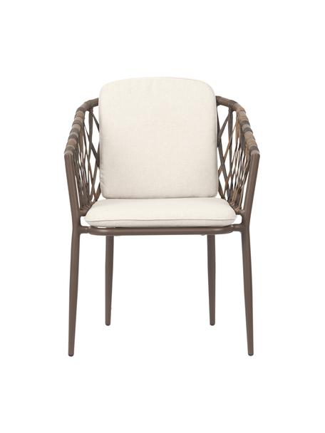Krzesło ogrodowe z podłokietnikami Hila, Tapicerka: 100% poliester, Korpus: rattan, Kremowobiała tkanina, rattan, S 61 x G 65 cm