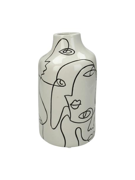 Vaso in gres con motivo viso Faces, Gres, Bianco latteo, nero, Ø 11 x Alt. 21 cm