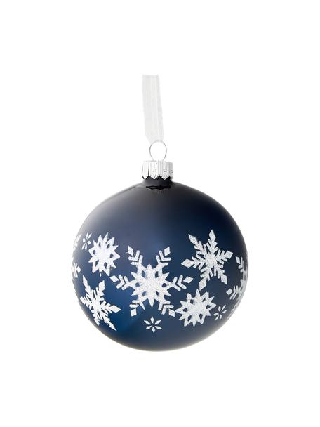 Mundgeblasenes Weihnachtskugel-Set Snowflake Ø 8 cm, 6-tlg., Glas, Blautöne, Weiß, Silberfarben, Ø 8 cm