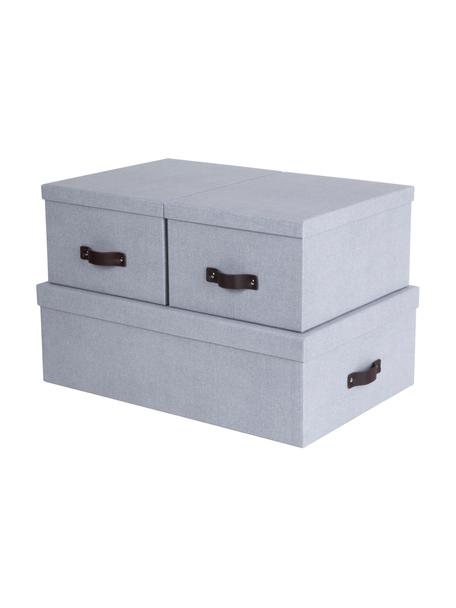 Set de cajas Inge II, 3 uds., Caja: canvas, cartón rígido (10, Asa: cuero, Gris claro, Set de diferentes tamaños
