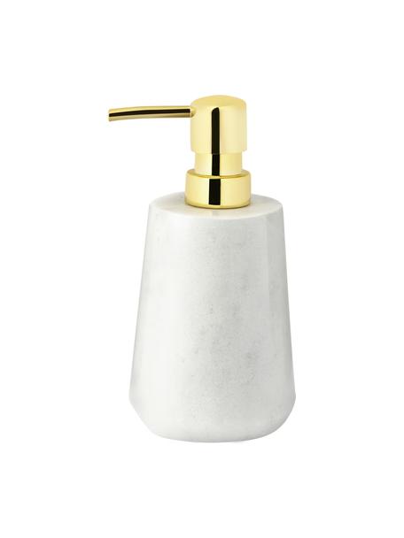 Marmeren zeepdispenser Lux, Houder: marmer, Pompje: kunststof, Wit marmer, messingkleurig, Ø 8 x H 17 cm