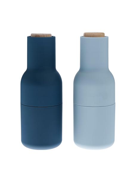 Salero y pimentero de diseño Bottle Grinder, 2 uds., Estructura: plástico, Grinder: cerámica, Azul, azul claro, madera de haya, Ø 8 x Al 21 cm