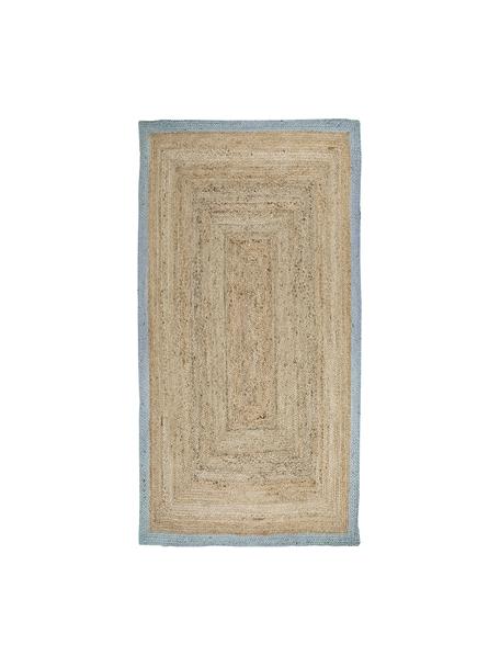Handgefertigter Jute-Teppich Shanta mit taubenblauem Rand, 100% Jute, Beige, Taubenblau, B 80 x L 150 cm (Grösse XS)