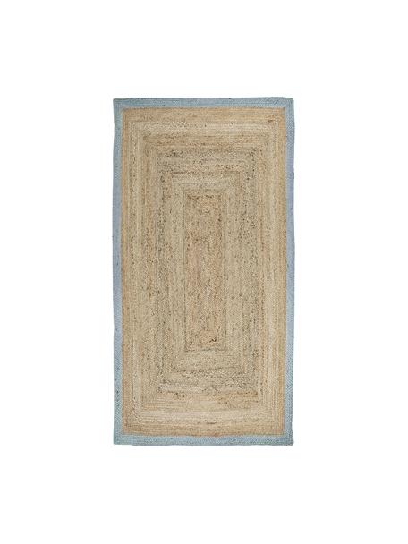 Handgemaakt jute vloerkleed Shanta met poederblauwe rand, 100% jute, Beige, duivenblauw, B 80 x L 150 cm (maat XS)