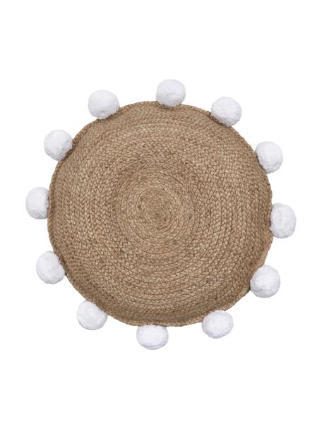 Cojín decorativo de yute con pompones Fiko, Beige, blanco, Ø 40 cm