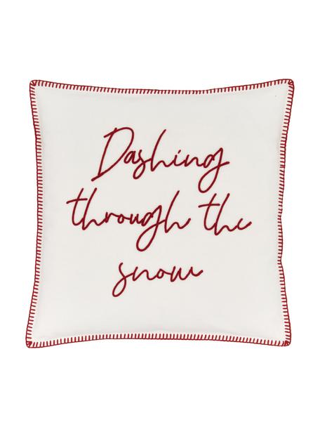 Poszewka na poduszkę ze świątecznym motywem Dashing through the snow, 100% bawełna, Kremowobiały, ciemny czerwony, S 45 x D 45 cm