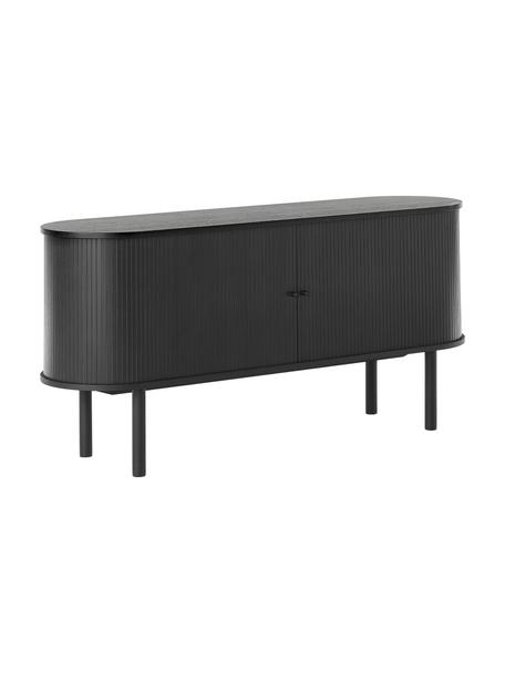 Sideboard Calary mit geriffelter Front, Korpus: Mitteldichte Holzfaserpla, Beine: Massives Eichenholz, FSC-, Griffe: Metall, gebürstet, Schwarz, B 160 x H 75 cm