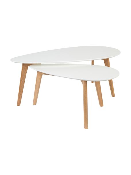 Set de mesas de centro ovaladas Nordic, 2 uds., Tablero: fibras de densidad media , Patas: madera de roble maciza Da, Blanco, roble, Set de diferentes tamaños