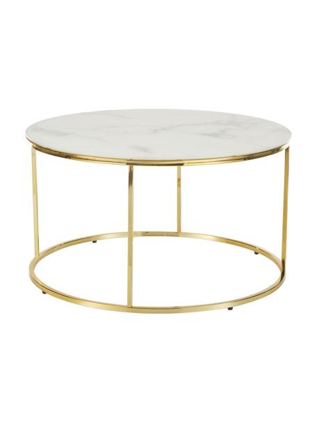 Tavolino rotondo da salotto con piano in vetro effetto marmo Antigua, Struttura: acciaio ottonato, Bianco marmorizzato, dorato, Ø 80 x Alt. 45 cm