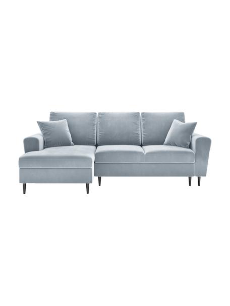Sofá rinconera cama de terciopelo Moghan (3 plazas), con espacio de almacenamiento, Tapizado: terciopelo de poliéster A, Estructura: madera de pino maciza, ma, Patas: metal pintado, Terciopelo azul claro, patas negro, An 241 x F 145 cm, chaise longue izquierda