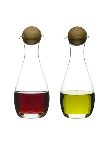 Distributeurs d'huile et de vinaigre en verre soufflés bouche Eden, 2 élém., Transparent, bois de chêne, Ø 8 x haut. 19 cm