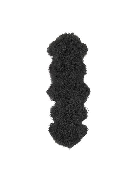 Langhaar-Lammfell-Teppich Ella, gelockt, Vorderseite: Mongolisches Lammfell, Rückseite: Leder, Dunkelgrau, B 50 x L 160 cm