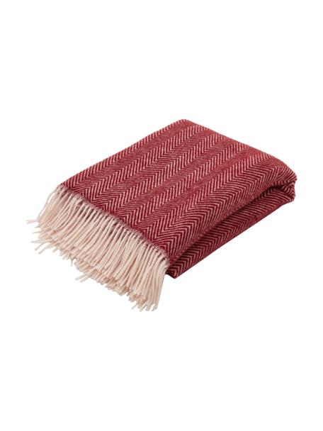 Plaid laine rouge à franges et motif chevrons Tirol-Mona, Rouge, blanc, larg. 140 x long. 200 cm