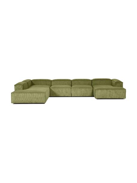 Canapé lounge modulable velours côtelé vert Lennon, Velours côtelé vert, larg. 418 x prof. 68 cm, méridienne à gauche