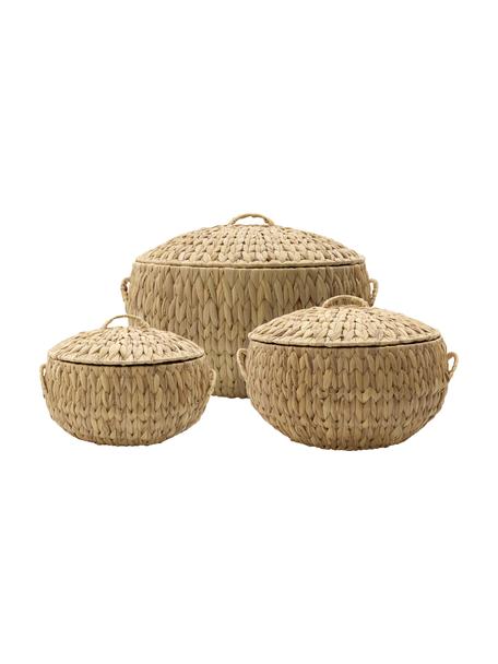 Set de cestas con tapadera Rata, 3 uds., Cesta: jacinto de agua, Estructura: alambre de acero, Marrón, Set de diferentes tamaños