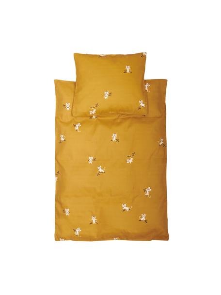 Biancheria da letto in raso di cotone in cotone organico Tiger, Giallo ocra, fantasia, 140 x 200 cm + 1 federa 80 x 80 cm