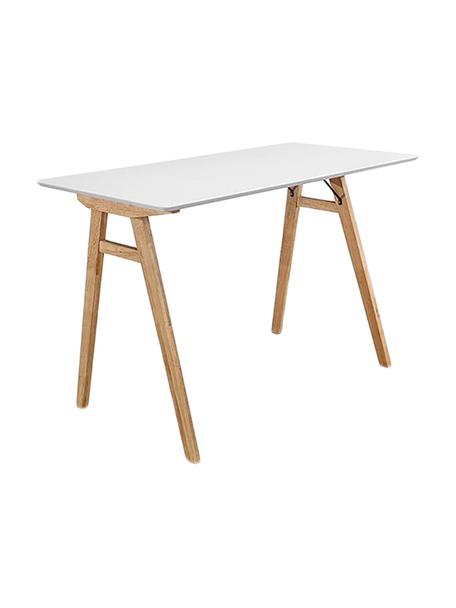 Schreibtisch Vojens mit weißer Tischplatte, Tischplatte: Mitteldichte Holzfaserpla, Beine: Gummibaumholz, Weiß, Braun, B 120 x T 60 cm