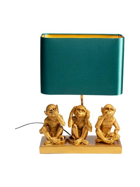 Tafellamp Animal Three Monkey, Lampenkap: polyester, Lampvoet: polyresin, Goudkleurig, groen, B 34 x H 45 cm