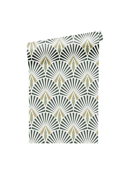 Carta da parati Luxus Geometric Art, Tessuto non tessuto, Bianco, verde, verde scuro, dorato, Larg. 52 x Alt. 1005 cm