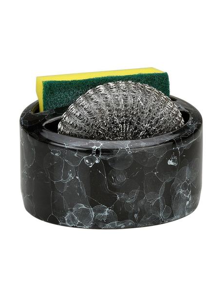 Uchwyt na gąbki o wyglądzie marmuru Bubble, 3 elem., Czarny, marmurowy, Ø 14 x W 11 cm