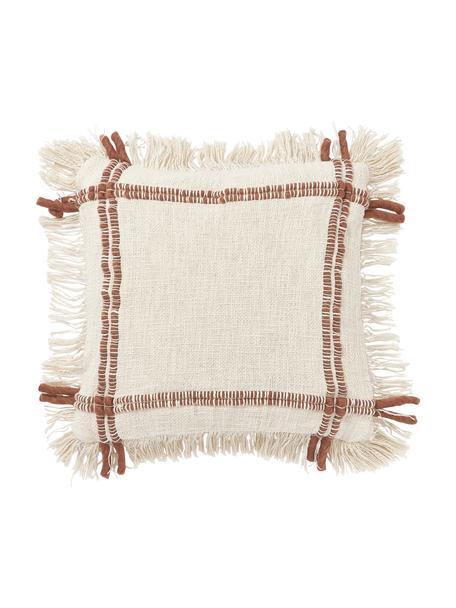 Housse de coussin artisanale en coton avec franges Catalina, Beige, kaki, larg. 45 x long. 45 cm