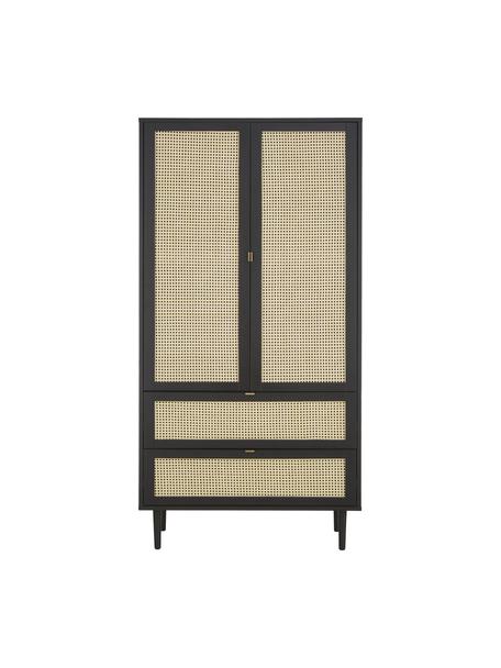 Armadio piccolo a 2 ante con intreccio viennese Aries, Struttura: truciolare con finitura i, Gambe: legno di quercia massicci, Intreccio viennese: canna di zucchero, Legno, nero verniciato, Larg. 100 x Lung. 194 cm