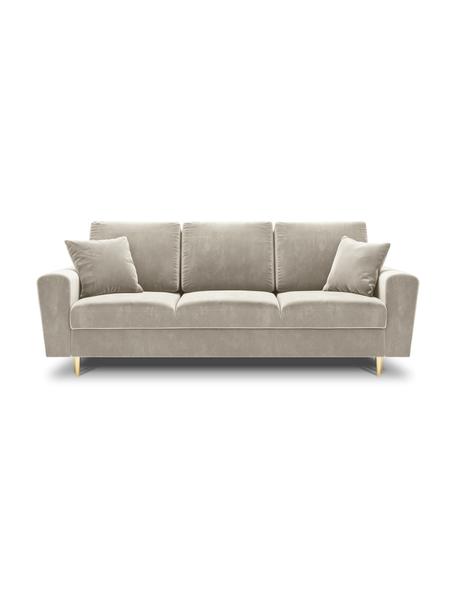 Divano letto 3 posti in velluto beige con contenitore Moghan, Rivestimento: 100% velluto di poliester, Struttura: legno di pino massiccio, , Piedini: metallo rivestito, Velluto beige, dorato, Larg. 235 x Prof. 100 cm
