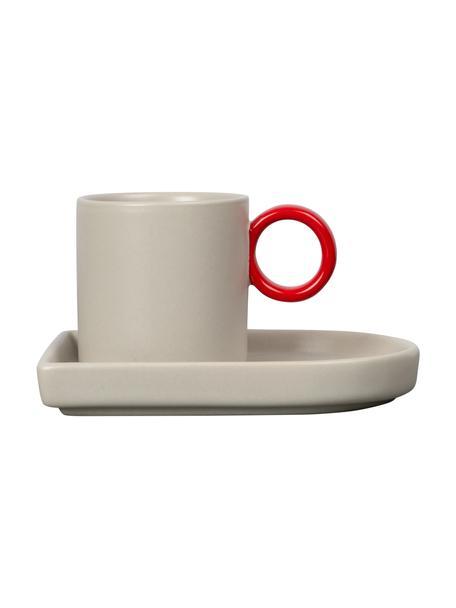 Tazas espresso con platitos de porcelana Niki, 2 uds., Porcelana, Greige, rojo, Ø 6 x Al 6 cm, 80 ml