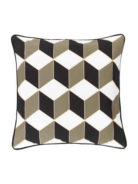 Kussenhoes met patroon Geo met zwarte bies, 100% katoen, Crèmewit, taupe, goudkleurig, B 45 x L 45 cm