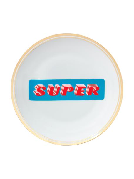 Porseleinen ontbijtbord Super met opschrift en goudkleurige rand, Porselein, Wit, blauw, rood, goudkleurig, Ø 17 cm