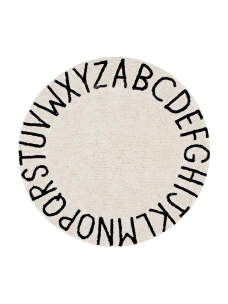 Alfombra lavable redonda con letras de diseño ABC, Algodón reciclado (80% algodón, 20% otras fibras), Beige y negro, Ø 150 cm (Tamaño M)