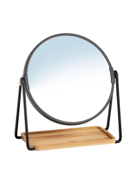 Ronde make-up spiegel Nora met plank en vergroting, Lijst: gecoat metaal, Plank: bamboe, Zwart, beige, Ø 18 x H 21 cm