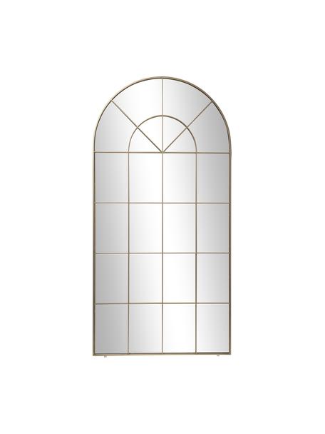 Leunende spiegel Clarita in vensterlook met goudkleurige metalen lijst, Lijst: gepoedercoat metaal, Goudkleurig, B 90 cm, H 180 cm