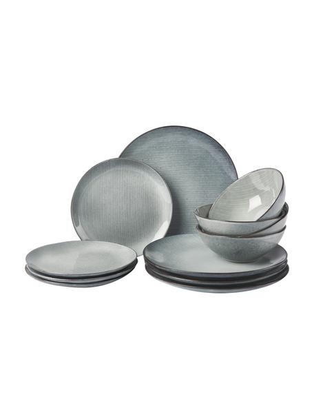 Set 12 stoviglie fatte a mano per 4 persone Nordic Sea, Gres, Tonalità grigie, tonalità blu, Set in varie misure