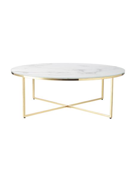 Table basse ronde XL avec plateau en verre aspect marbre Antigua, Blanc aspect marbre, couleur dorée, Ø 100 cm