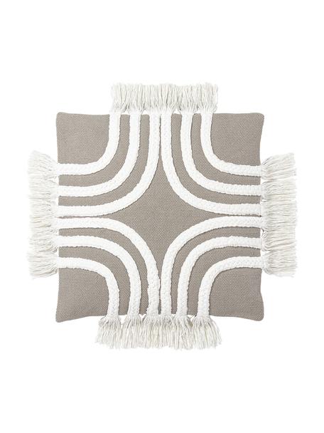 Poszewka na poduszkę z tuftowaną dekoracją i frędzlami Inga, 100% bawełna, Szary, kremowobiały, S 45 x D 45 cm