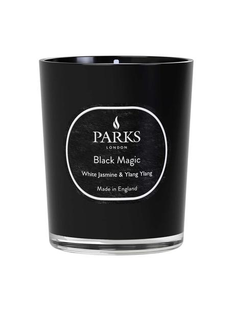 Candela profumata Black Magic (gelsomino bianco, Ylang Ylang & legno di sandalo), Contenitore: vetro, Nero, bianco, Ø 7 x Alt. 9 cm