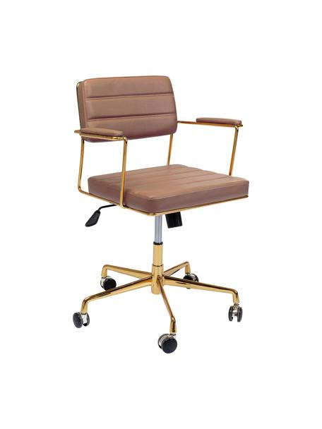 Sedia da scrivania in similpelle Dottore, Rivestimento: similpelle (poliuretano), Seduta: compensato naturale, Struttura: alluminio lucido, Ruote: poliuretano, Similpelle marrone, dorato, Larg. 44 x Prof. 50 cm