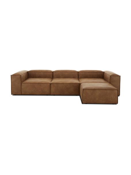 Modulares Sofa Lennon (4-Sitzer) aus recyceltem Leder mit Hocker, Bezug: Recyceltes Leder (70% Led, Gestell: Massives Kiefernholz, FSC, Füße: Kunststoff, Leder Braun, B 327 x T 207 cm
