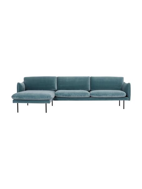 Canapé d'angle en velours pieds en métal Moby, Velours turquoise, larg. 280 x prof. 160 cm, méridienne à gauche
