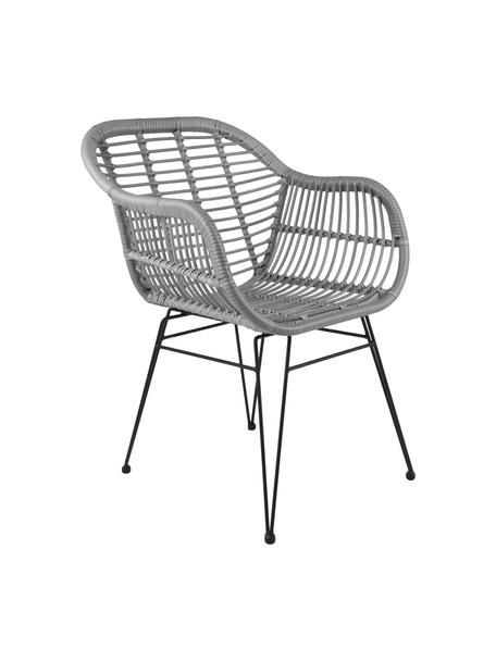 Krzesło z podłokietnikami z polirattanu Costa, 2 szt., Stelaż: metal malowany proszkowo, Szary, czarny, S 59 x G 58 cm