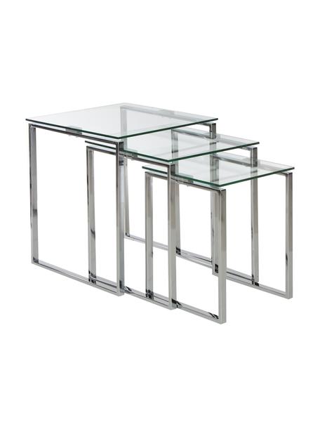 Beistelltisch 3-Set Katrine mit Glasplatte, Gestell: Stahl, verchromt, Tischplatte: Sicherheitsglas, Chrom, Transparent, Set mit verschiedenen Größen